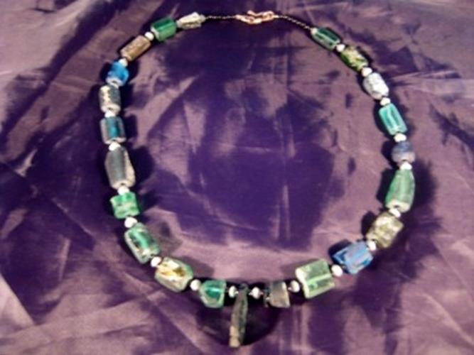 925 Silver Roman Glass Bead necklace blue green color 1500 yr old glass N3744