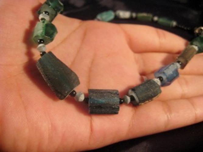 925 Silver Roman Glass Bead necklace blue green color 1500 yr old glass N3744