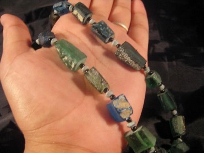 925 Silver Roman Glass Bead necklace blue green color 1500 yr old glass N3744