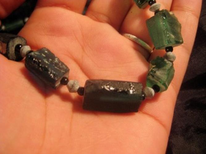 925 Silver Roman Glass Bead necklace blue green color 1500 yr old glass N3744