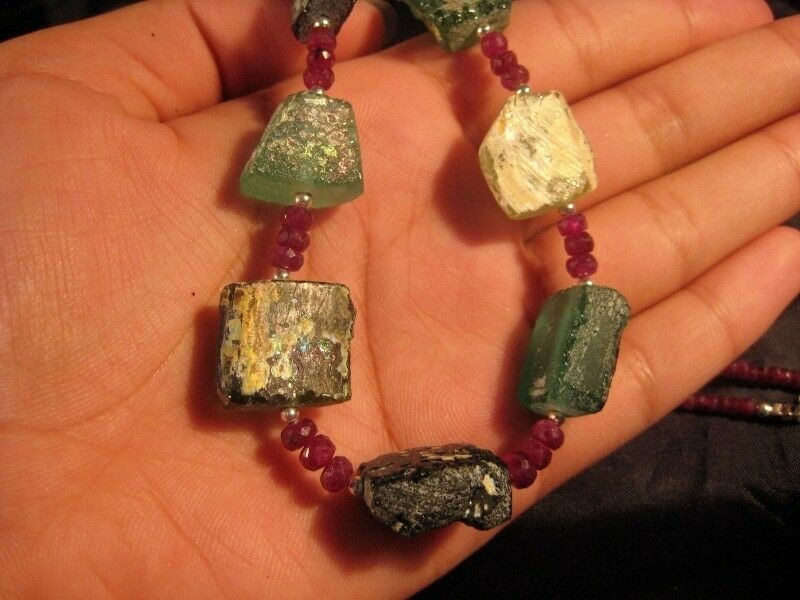 925 Silver Roman Glass Ruby Stone Bead Necklace Jewelry Afghanistan 1500 yr  A26