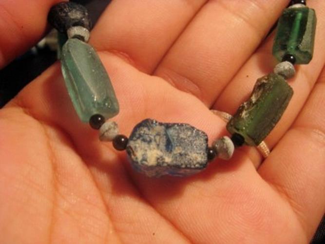 925 Silver Roman Glass Bead necklace blue green color 1500 yr old glass N3744