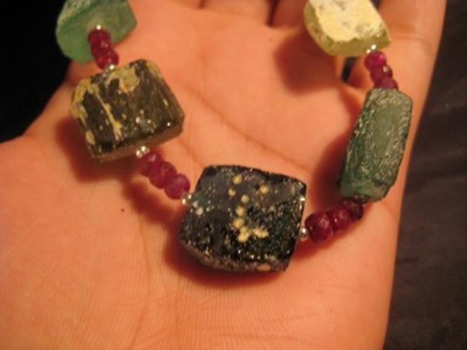 925 Silver Roman Glass Ruby Stone Bead Necklace Jewelry Afghanistan 1500 yr  A26
