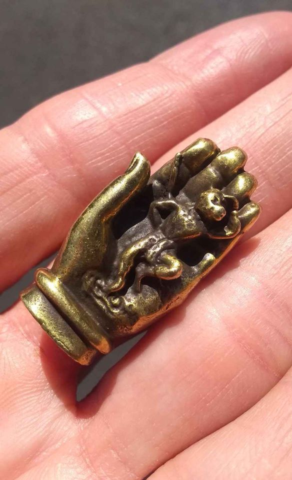 Brass metal hamsa hand of God with monkey statue amulet Thailand
