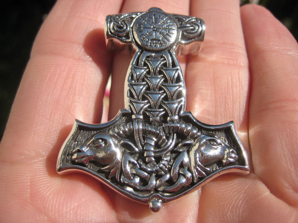 925 Silver Viking Mjolnir Mjolhner Rams Horn Hammer of Thor Pendant A30