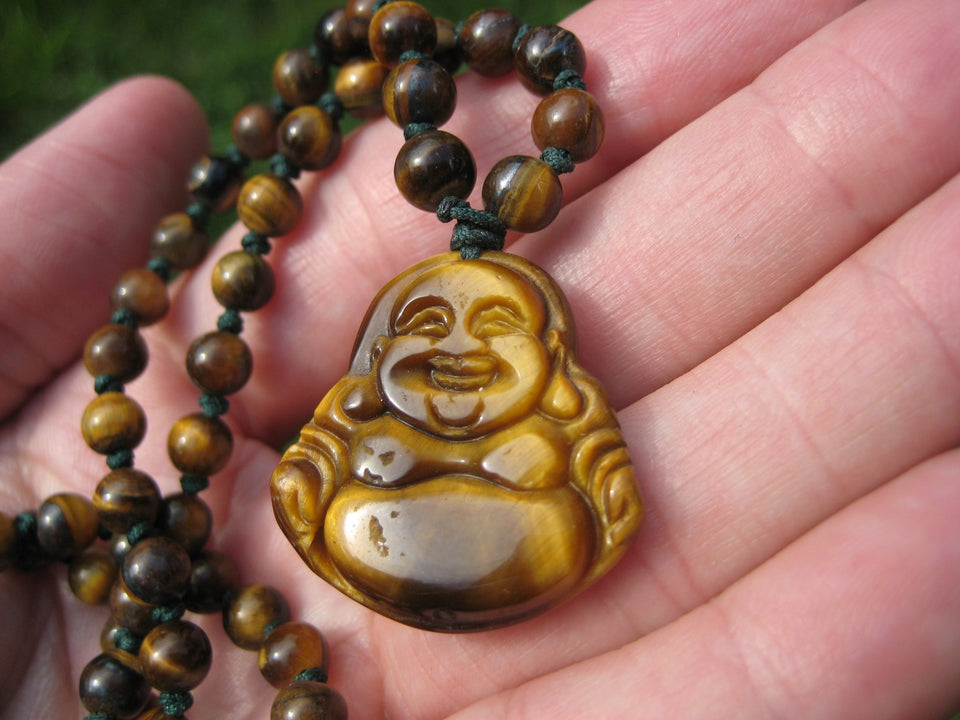 Happy Buddha Tiger Tigers Eye stone Pendant Necklace Thailand jewelry art A4298