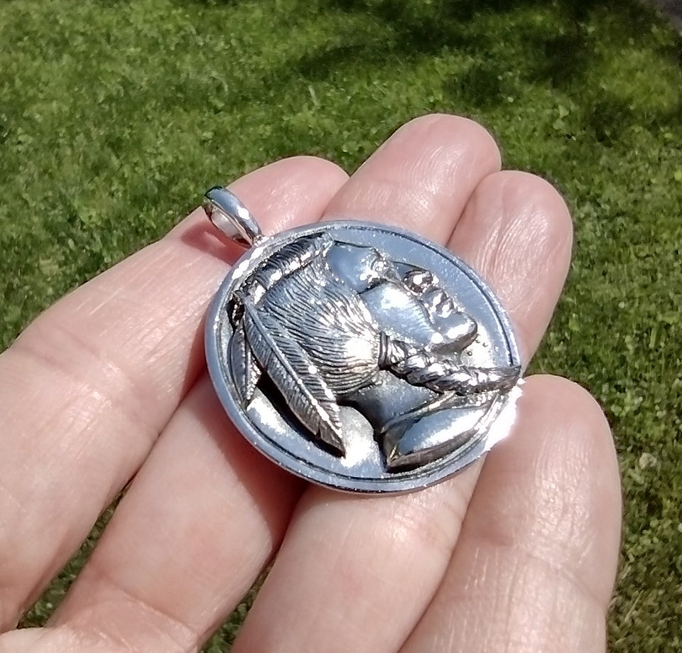 Large 925 Silver American Indian Pendant