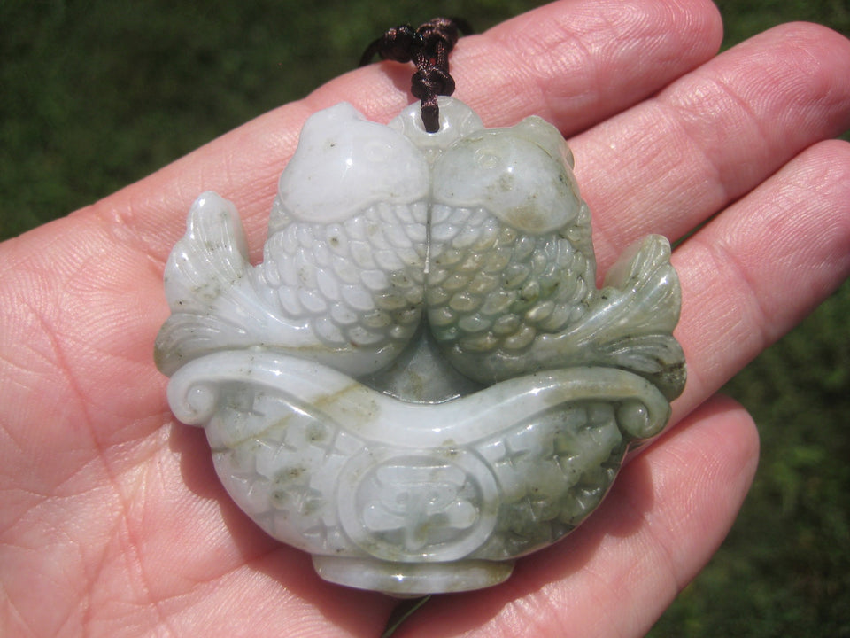 Natural Jadeite Jade Lucky Fish Carp Carving Pendant Amulet Necklace A2511