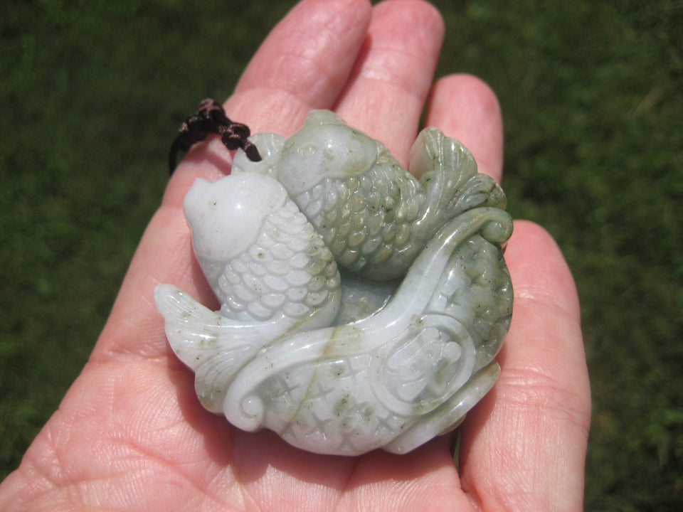 Natural Jadeite Jade Lucky Fish Carp Carving Pendant Amulet Necklace A2511