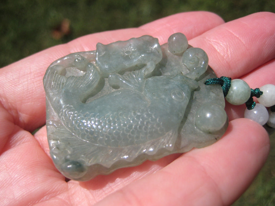 Natural Grade A Jadeite Jade Fish Carp Pendant Necklace Myanmar A2644