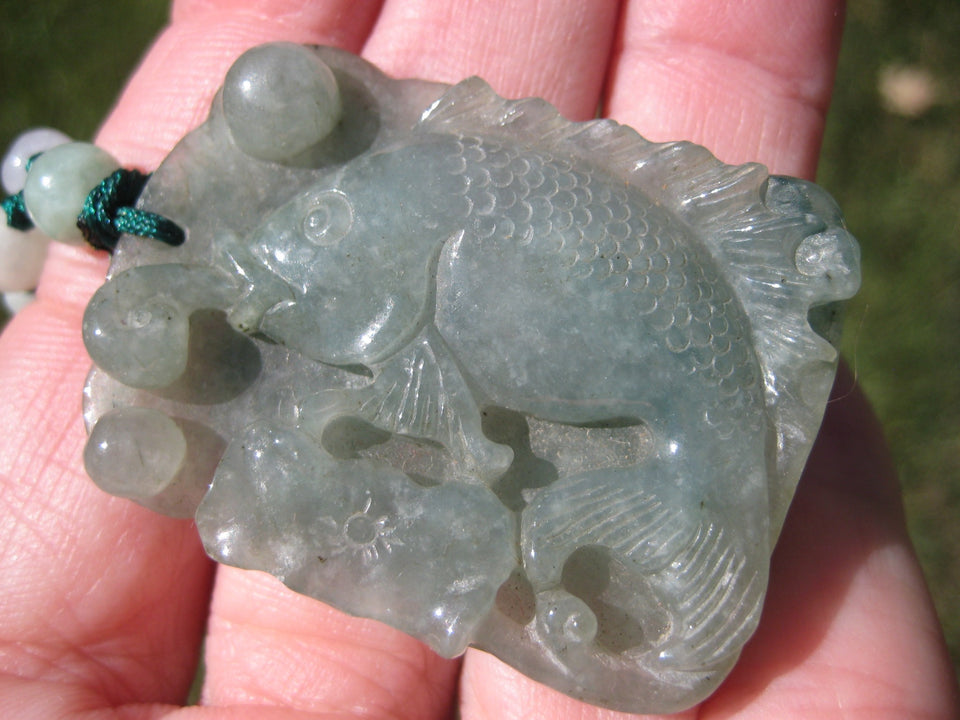 Natural Grade A Jadeite Jade Fish Carp Pendant Necklace Myanmar A2644