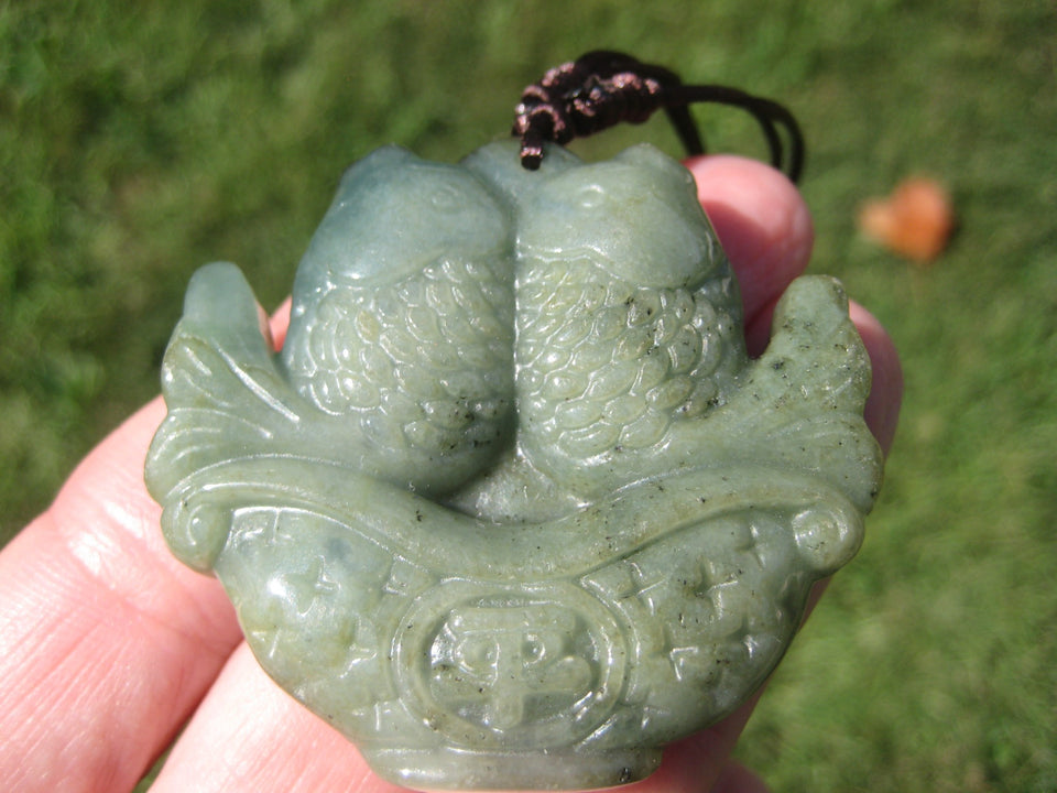 Natural Green Jadeite Jade Lucky Fish Carp Pendant Necklace Amulet A8257