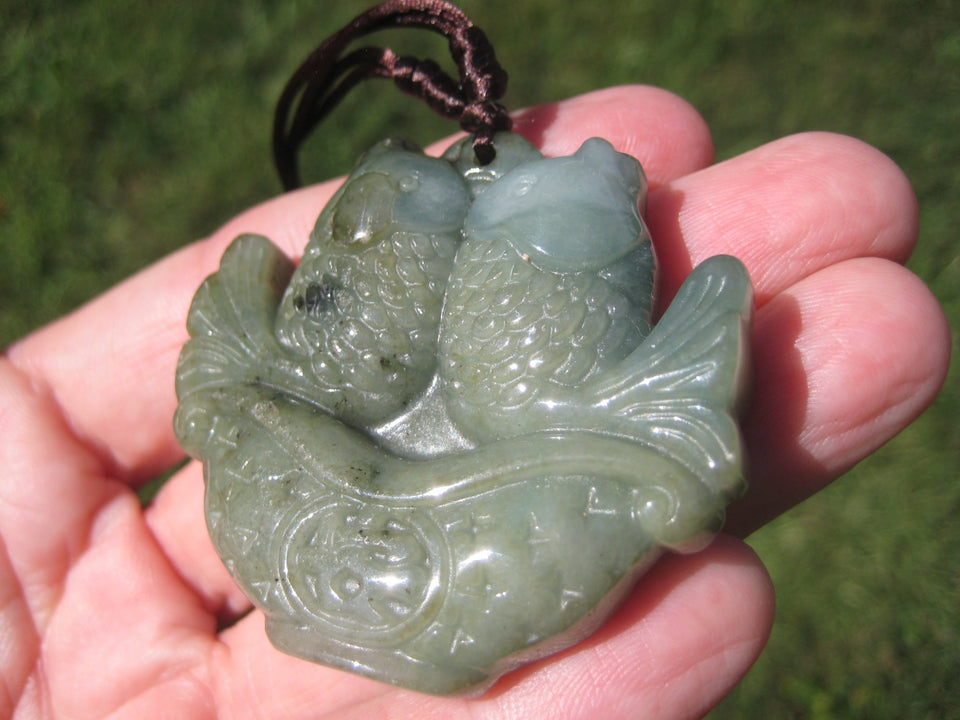 Natural Green Jadeite Jade Lucky Fish Carp Pendant Necklace Amulet A8257