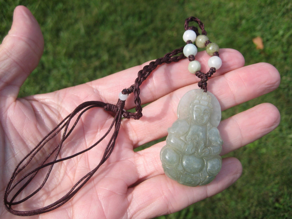 Jadeite Jade Kuan Yin Pendant Amulet Stone Mineral Art Burma Myanmar A4186