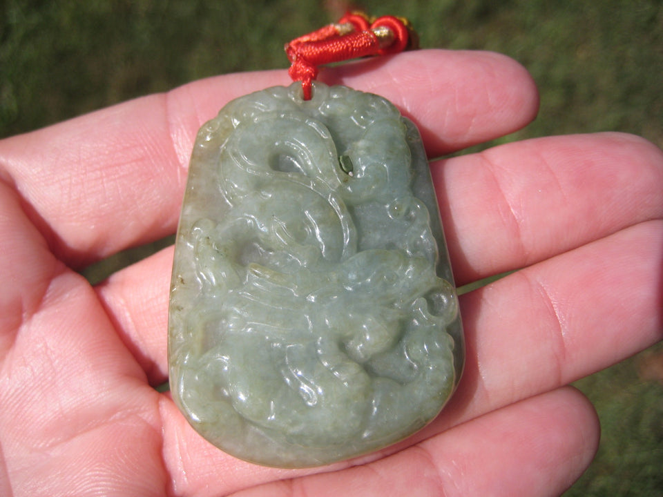 Natural Jadeite Jade Dragon Pendant Necklace Amulet Myanmar A2796