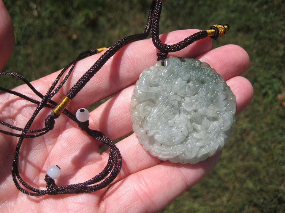 Natural Jadeite Jade Dragon Pendant Necklace Amulet Myanmar A26444