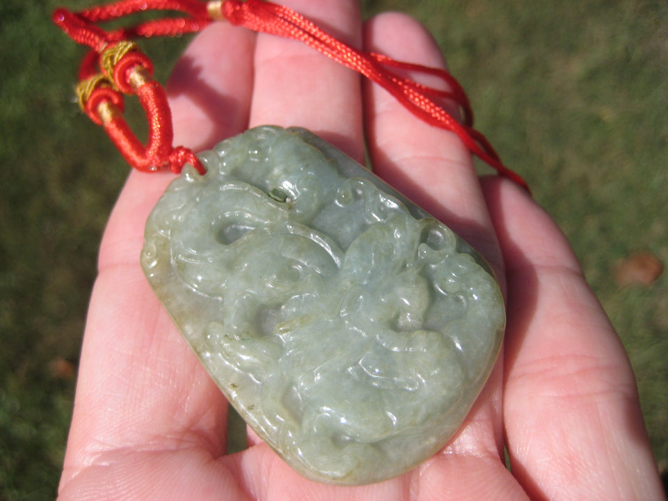 Natural Jadeite Jade Dragon Pendant Necklace Amulet Myanmar A2796