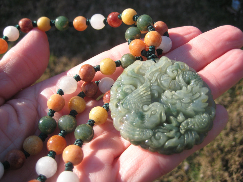 Natural Jadeite Jade Dragon Pendant Necklace Amulet Burmese Hand Made A20511