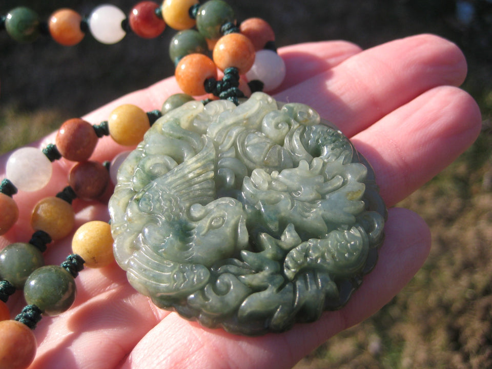 Natural Jadeite Jade Dragon Pendant Necklace Amulet Burmese Hand Made A20511