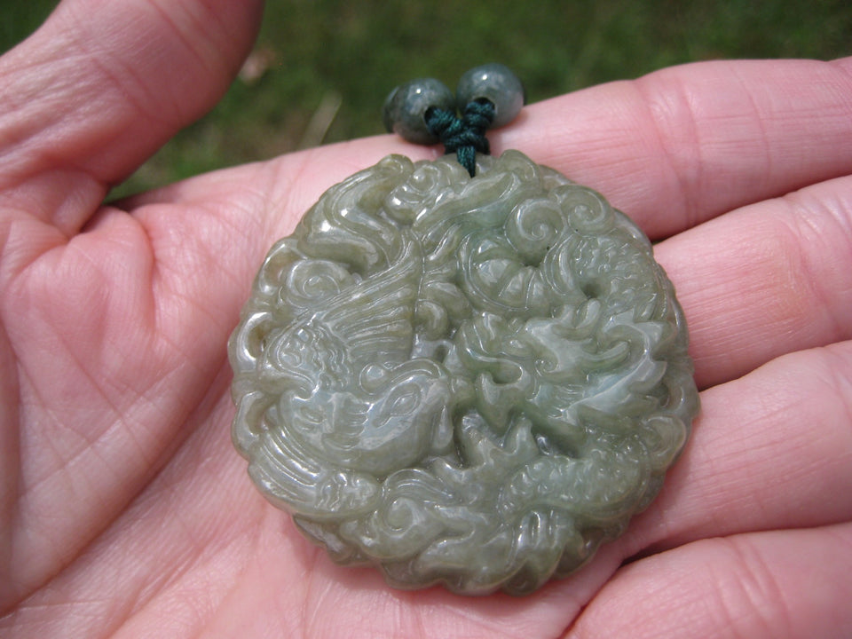 Natural Jadeite Jade Dragon Pendant Necklace Amulet Burmese Hand Made A23755