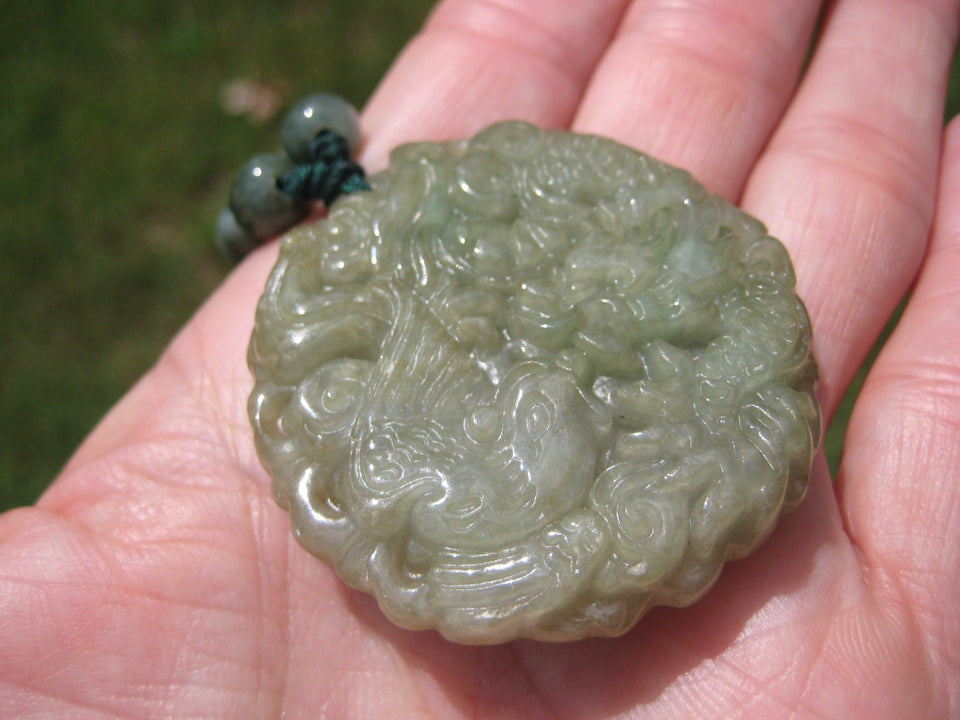 Natural Jadeite Jade Dragon Pendant Necklace Amulet Burmese Hand Made A23755