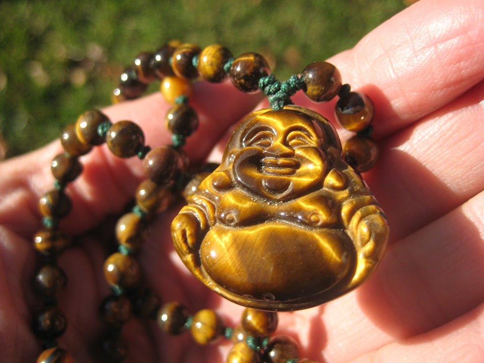 Happy Buddha Tiger Tigers Eye stone Pendant Necklace Thailand jewelry art A2735