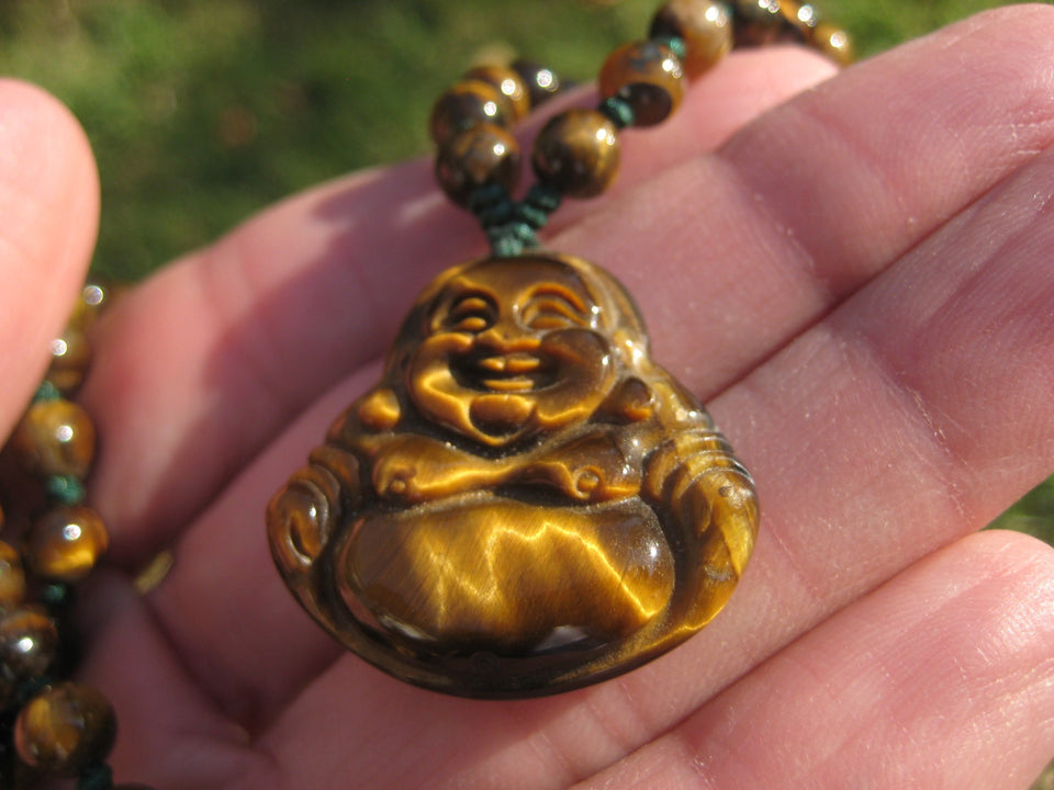 Happy Buddha Tiger Tigers Eye stone Pendant Necklace Thailand jewelry art A2735