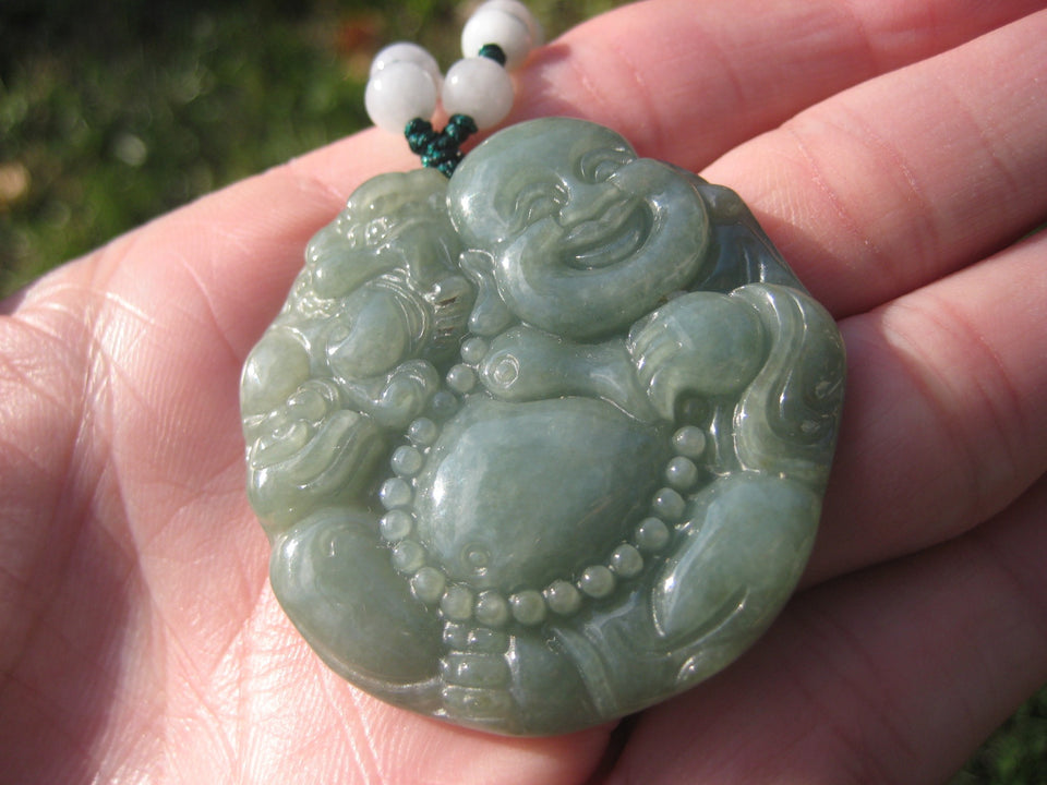 Jadeite Jade Happy Buddha Pendant Necklace Thailand Jewelry Art A23333