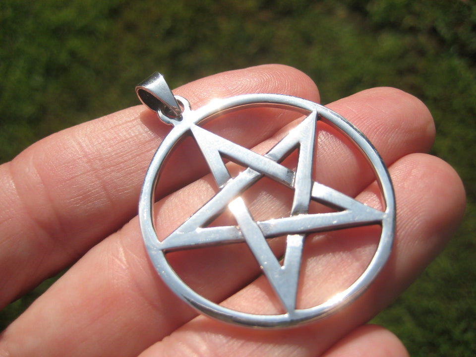 925 sterling silver Extra large wicca pentagram pendant necklace A17