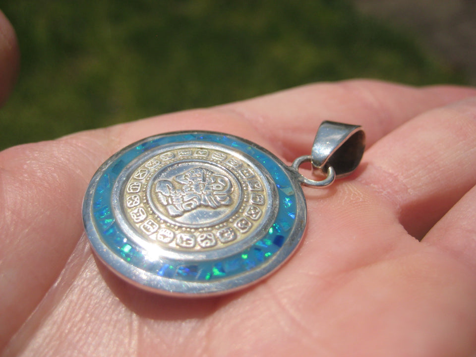 925 Silver Mayan Calendar Synthetic Opal Pendant Taxco Mexico A2849
