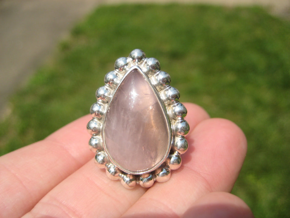 925 Silver Rose Quartz Ring Taxco Mexico Size 7 US Adjustable A3885