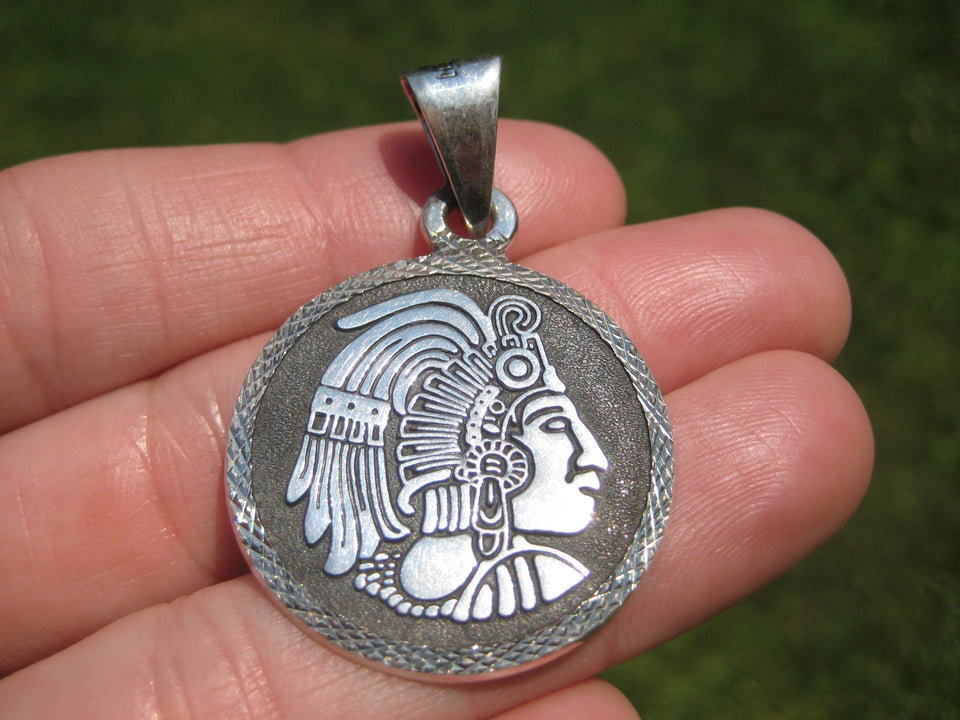 925 Silver Mayan God Pendant Necklace Taxco Mexico A33644