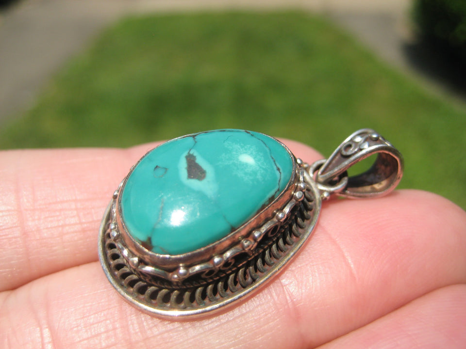 925 Silver Tibetan Turquoise Pendant Nepal Jewelry Art A4877