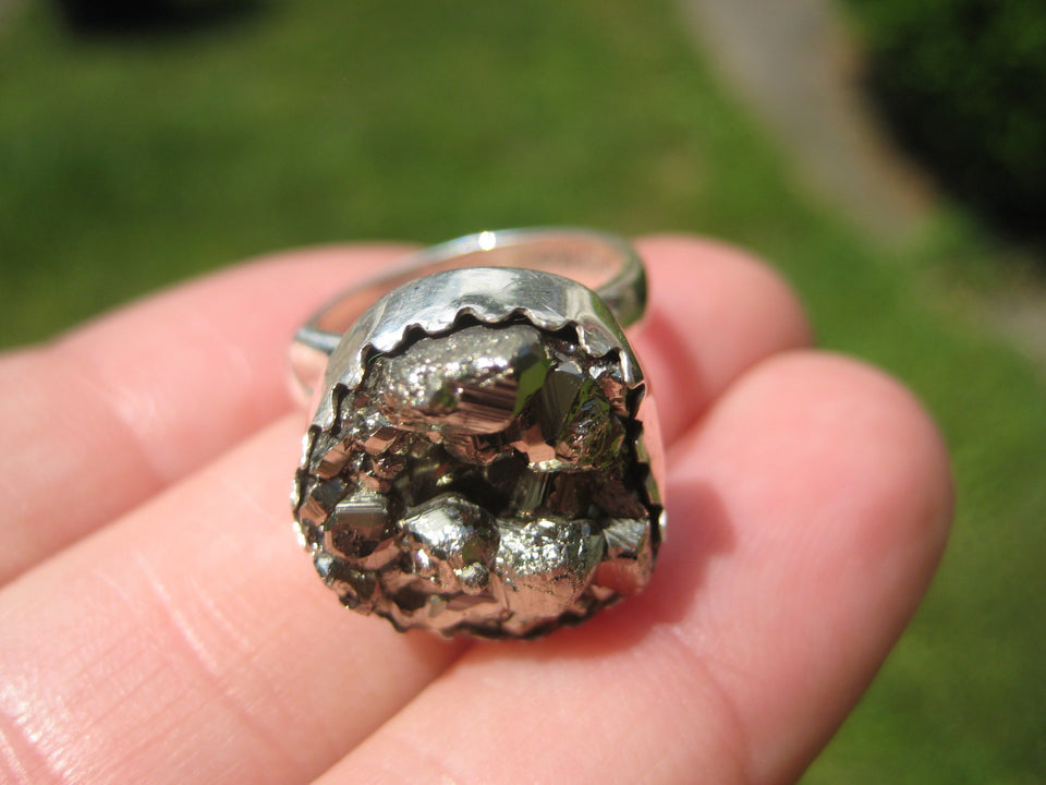 925 Silver Pyrite Stone Crystal Ring Taxco Mexico Size 6 US Adjustable A2322