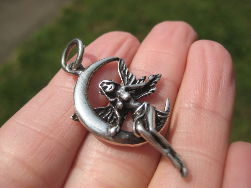 925 Silver Fairy On Moon Pendant Necklace Thailand Jewelry Art A432
