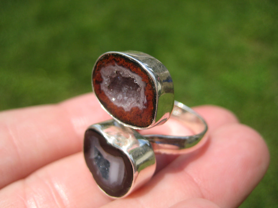 925 Silver Agate Stone Geode Druzi Ring Taxco Mexico A28655