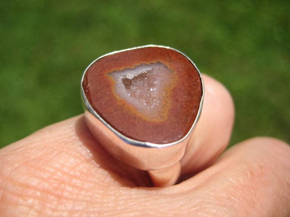 925 Silver Agate Geode Druzi Stone Ring Taxco Mexico Size 7 Adjustable A3576