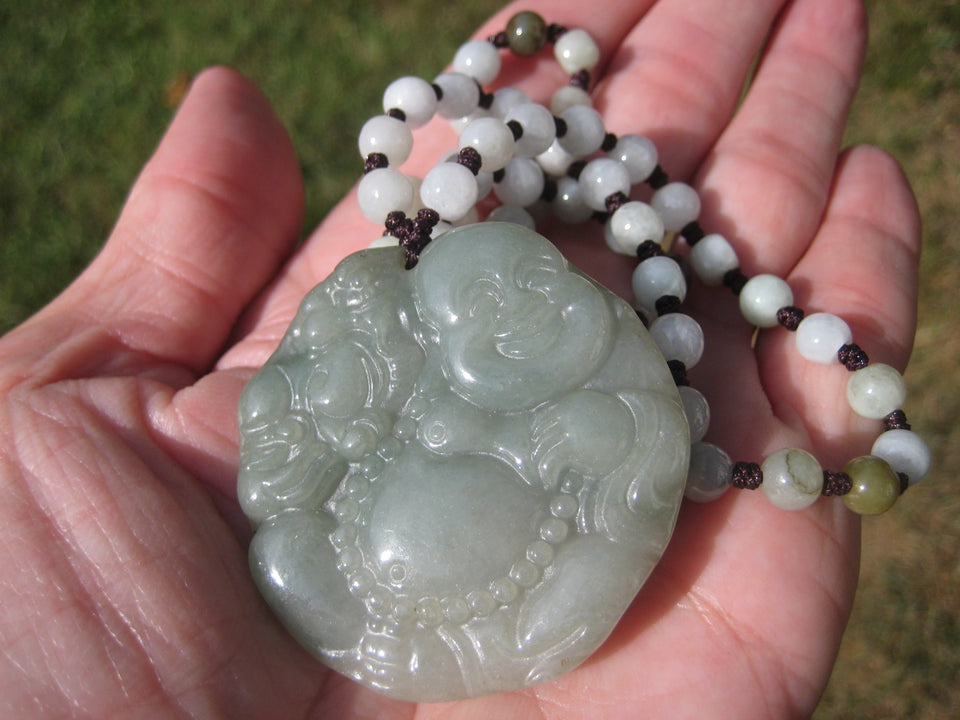 Jadeite Jade Happy Buddha Pendant Necklace Thailand Jewelry Art A2626