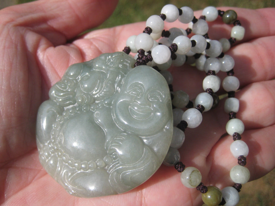 Jadeite Jade Happy Buddha Pendant Necklace Thailand Jewelry Art A2626