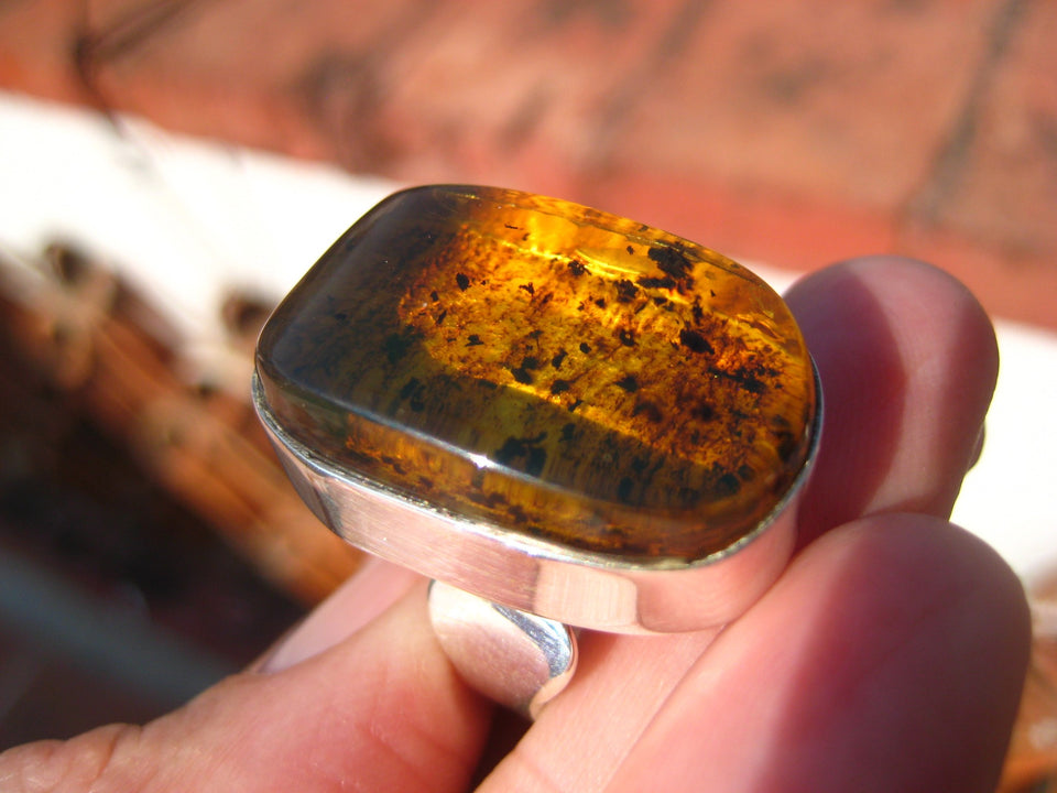 925 Silver Chiapas Amber Ring Taxco Mexico Size 6.5 Adjustable A286
