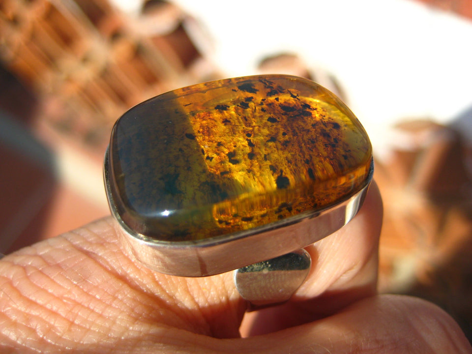 925 Silver Chiapas Amber Ring Taxco Mexico Size 6.5 Adjustable A286