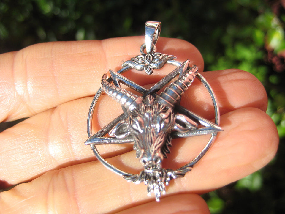 925 Silver Goat Baphomet Inverted Satanic Pentagram Pendant Necklace A14