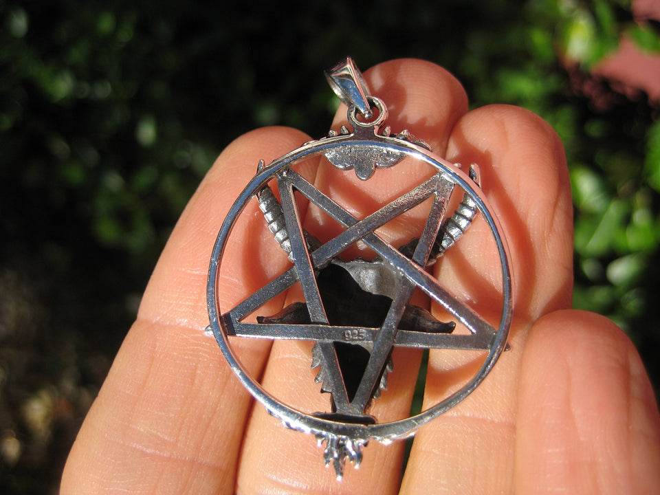 925 Silver Goat Baphomet Inverted Satanic Pentagram Pendant Necklace A14