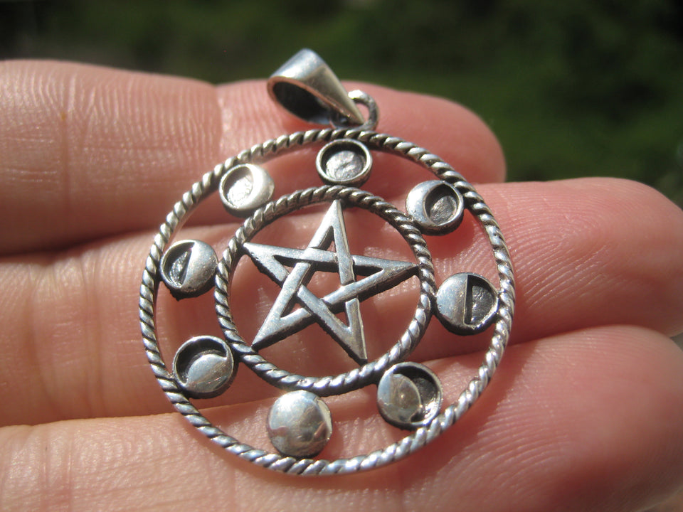 925 Sterling Silver Wicca Pentagram Star Moon Lunar Cycle A25