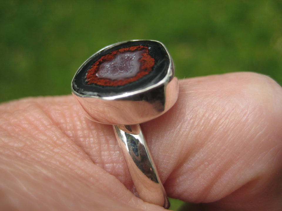 925 Silver Agate Geode Ring Taxco Mexico Size 7.25 US Adjustable A26344