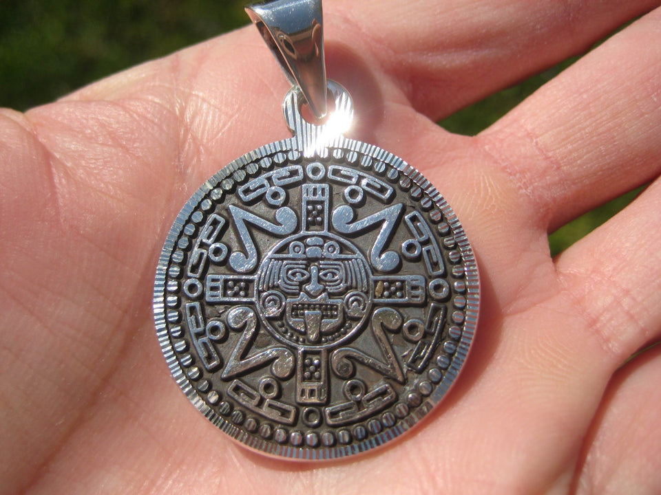 925 Silver Ometeotl Tonatiu Pendant Aztec Sun God Taxco Mexico A8455