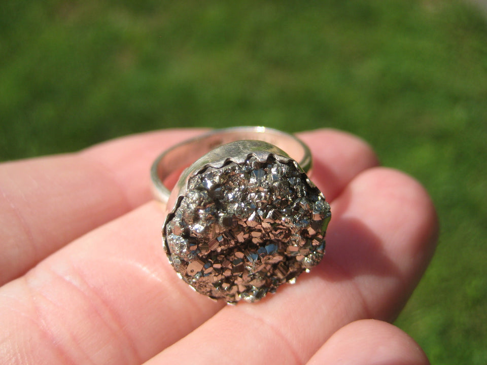 925 Silver Pyrite Crystal Ring Taxco Mexico Size 6.5 US Adjustable A3755