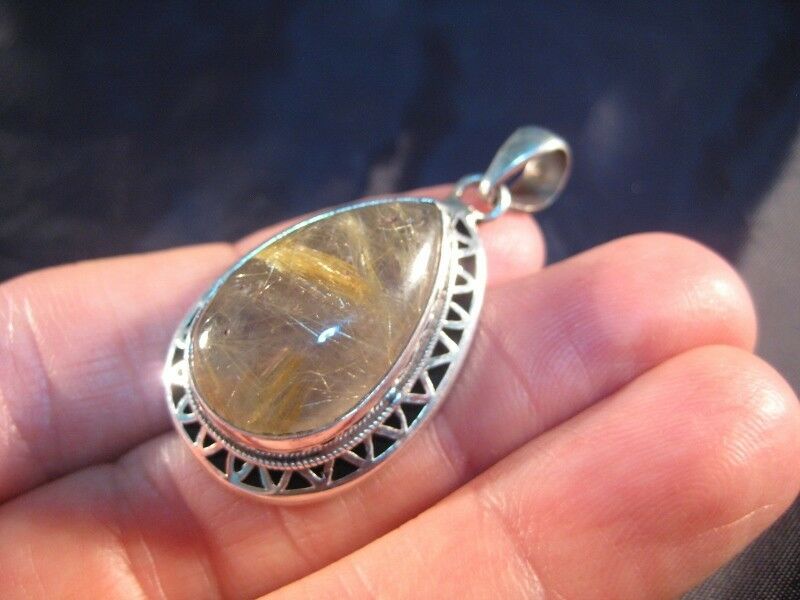 925 Silver Natural Rutile Quartz Crystal Rock Stone Pendant Necklace N6846