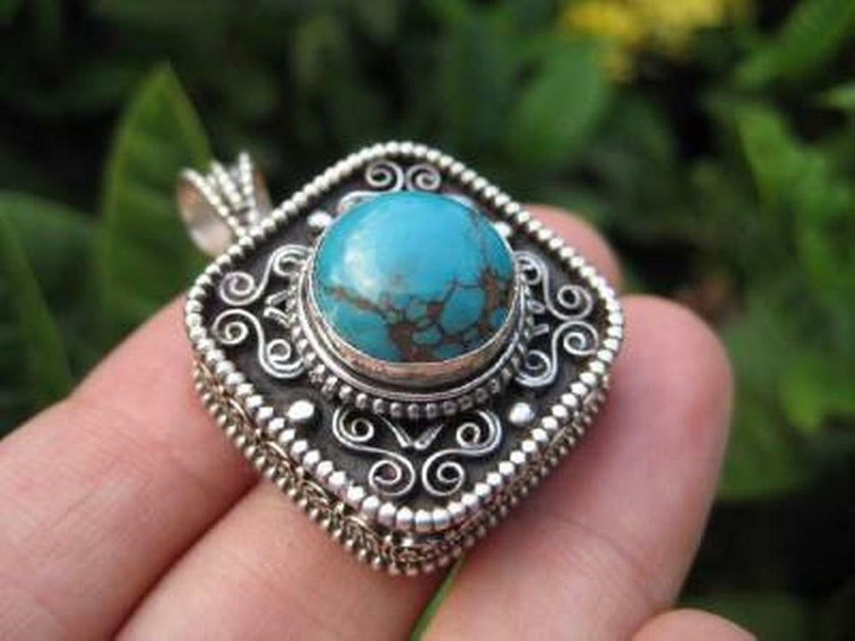 925 Silver Turquoise Compartment Locket Pendant Necklace Nepal Jewelry Art A81180