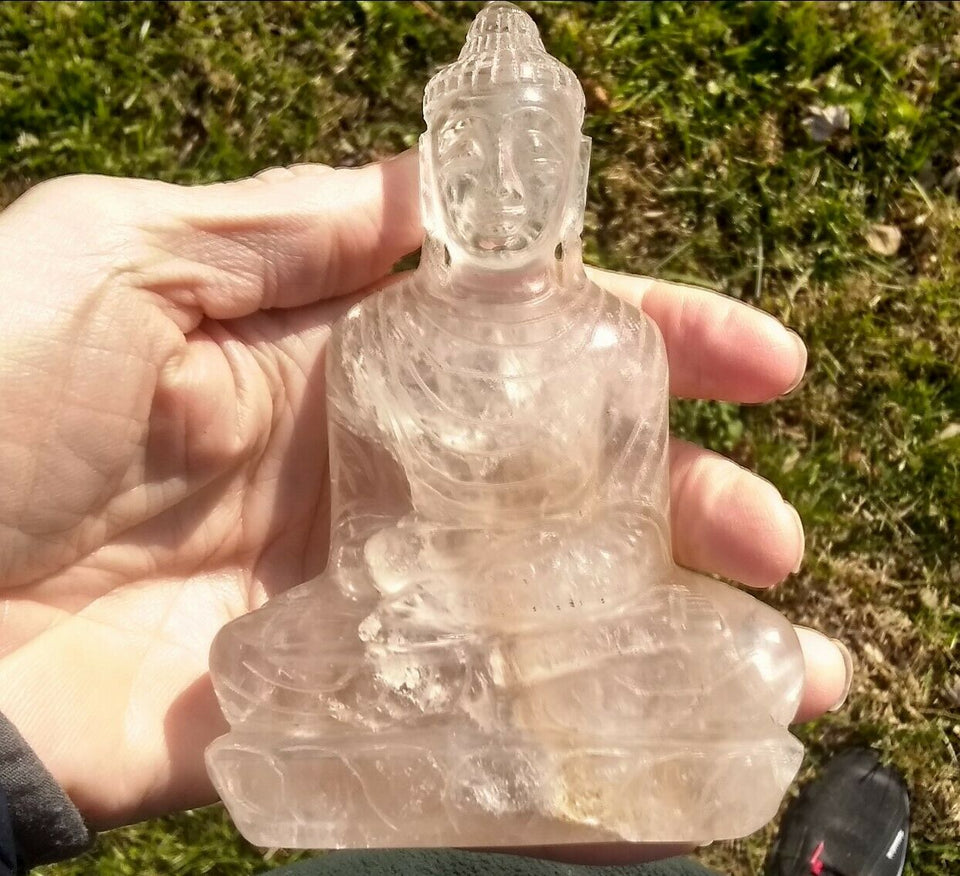Natural Smokey Quartz Crystal Buddha Statue India Size 5.3" CH7352